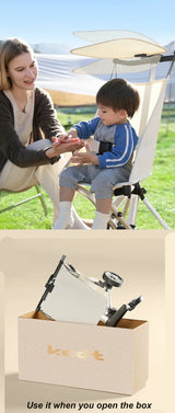 Lightweight travel stroller shown in use by a mother and child outdoors, with packaging displayed.