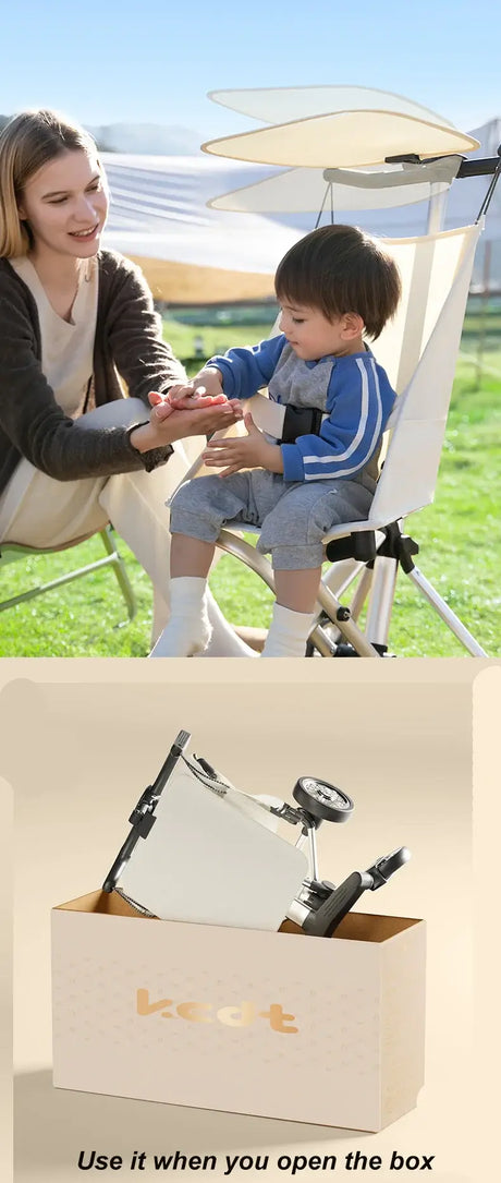 Lightweight travel stroller shown in use by a mother and child outdoors, with packaging displayed.