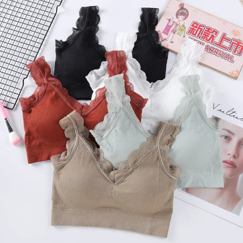 Variety of WireFreeFlex™ seamless tank bras in different colors with lace trim, perfect for daily comfort and non-wire support.