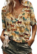 Women wearing a Western cowgirl graphic t-shirt featuring a colorful horse pattern and a v-neck design.