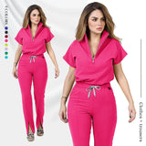 Women's medical scrub set in pink with zipper top and pants, available in multiple colors, ideal for healthcare settings.