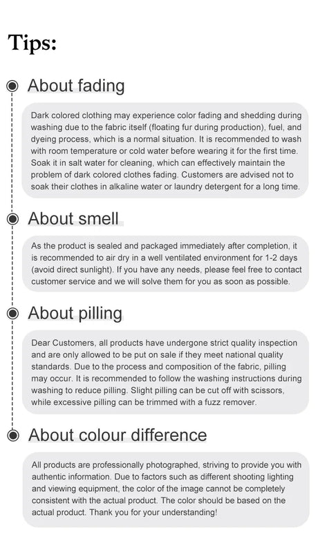 Tips for maintaining dark colored clothing: fading, smell, pilling, and color differences explained.