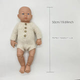 Newborn photo romper in cream color with buttons, perfect size for newborn photography props, 50cm doll included.