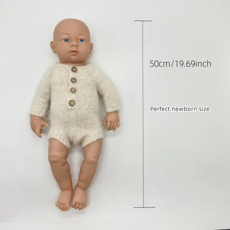 Newborn photo romper in cream color with buttons, perfect size for newborn photography props, 50cm doll included.