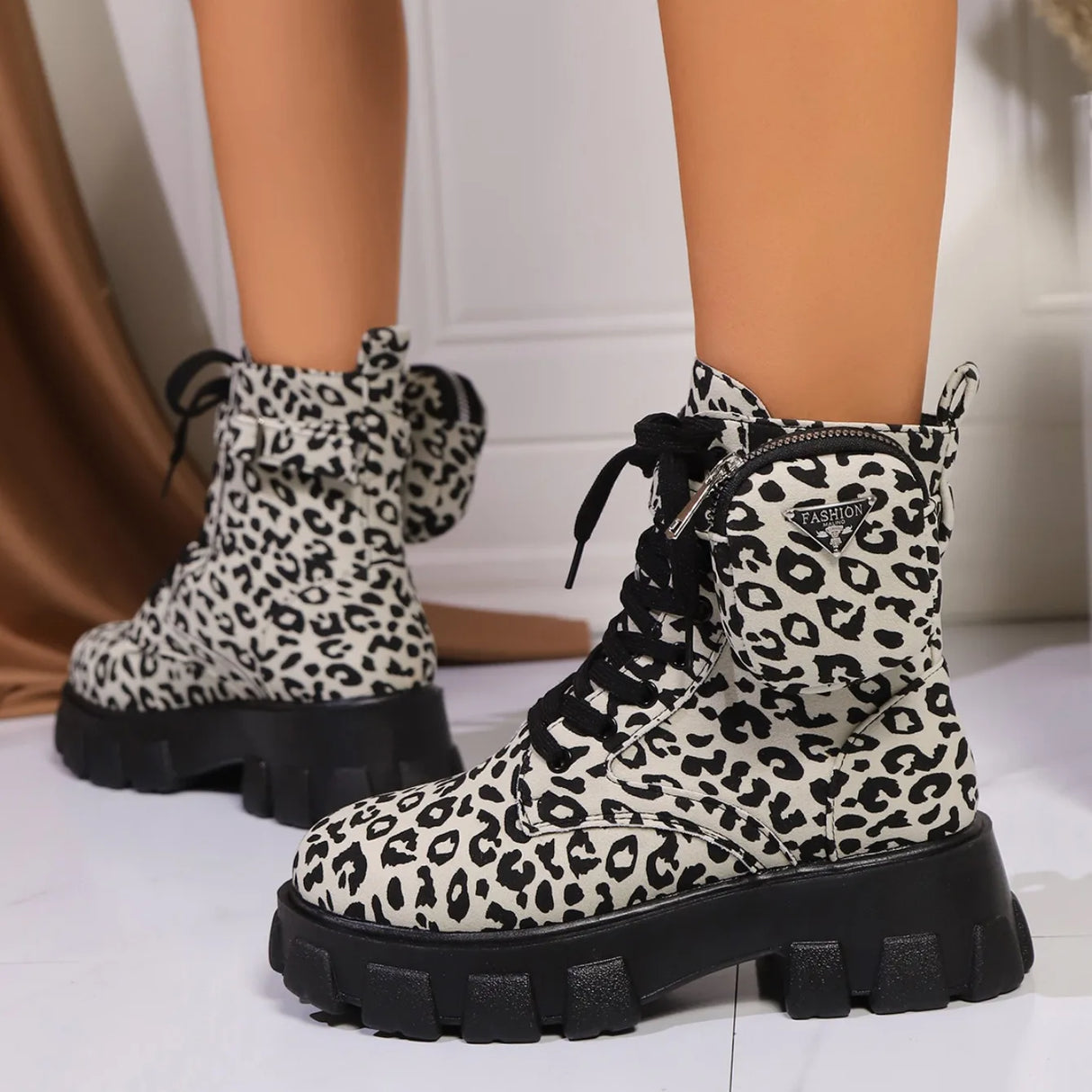 Women Leopard Print Ankle Boots – Winter High Heel Platform Shoes