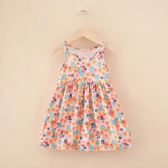 Cute summer dress for girls, knee-length, sleeveless, floral print, perfect for ages 4-6Y.