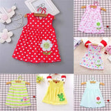 Collection of cute sleeveless cotton dresses for baby girls featuring floral patterns, polka dots, and vibrant colors.