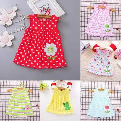 Collection of cute sleeveless cotton dresses for baby girls featuring floral patterns, polka dots, and vibrant colors.