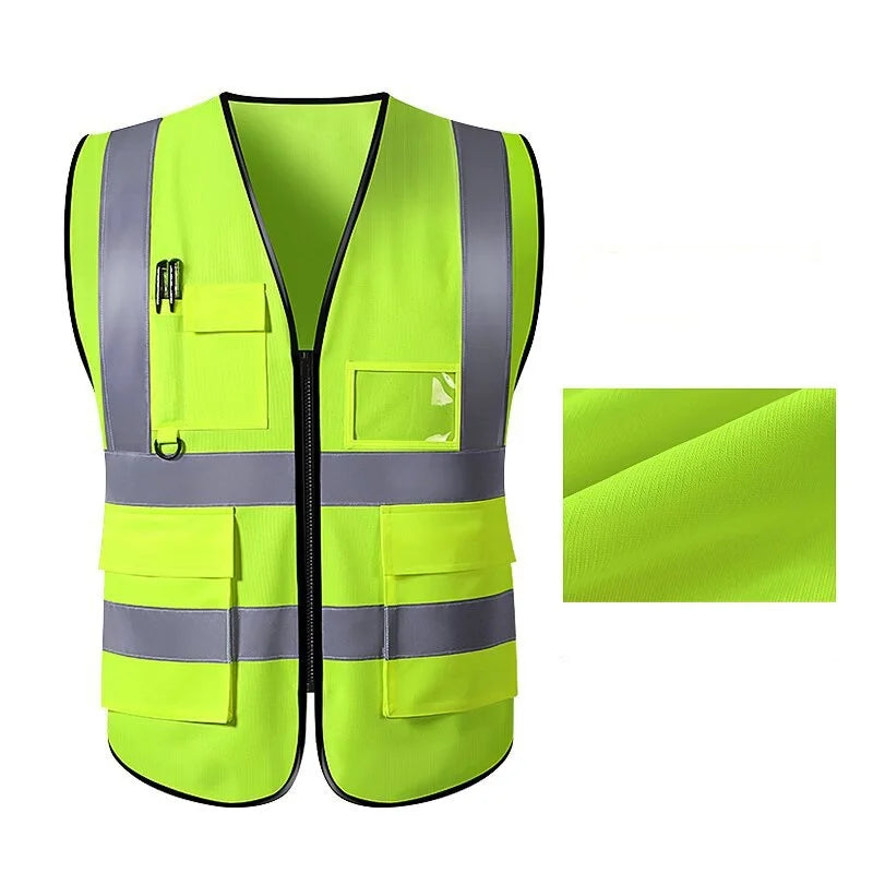 Unisex multi-pocket safety vest in bright yellow, featuring reflective stripes and breathable fabric for utility and safety.
