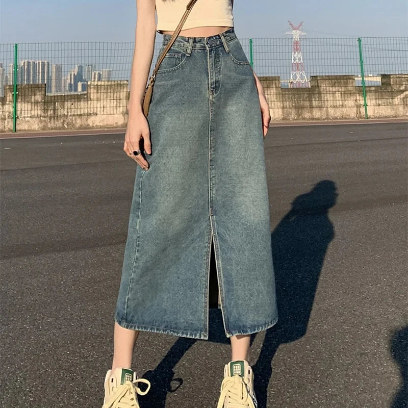 SplitEase™ – Long Washed Denim Skirt (High Waist, Hip Cover A-line)