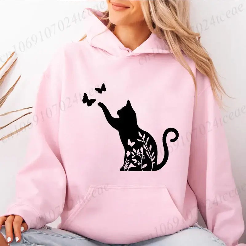 Women Cat Heartbeat Print Hoodie Streetwear Pullover