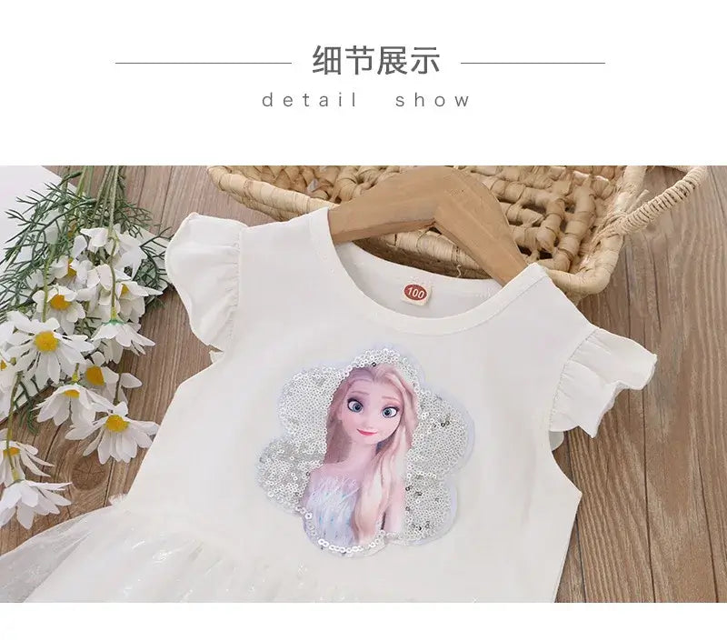 Girls summer dress featuring a cartoon princess design, perfect for ages 4-6, made of cotton and mesh.