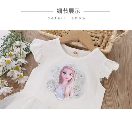 Girls summer dress featuring a cartoon princess design, perfect for ages 4-6, made of cotton and mesh.