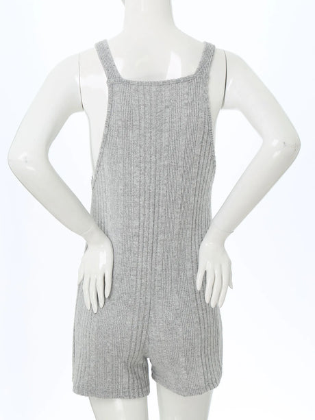 Back view of a sleeveless ribbed maternity jumpsuit in gray, showcasing the loose fit and comfortable fabric.