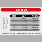 Size chart for chemical resistant work coverall showing sizes S to XXXL with bust and height measurements.