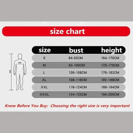 Size chart for chemical resistant work coverall showing sizes S to XXXL with bust and height measurements.