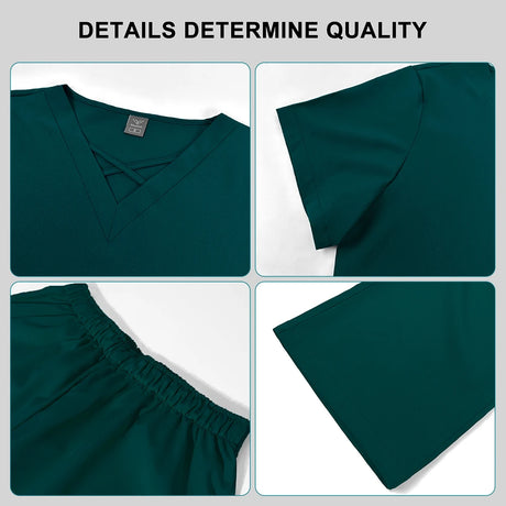 Nurse dental scrubs set details, featuring breathable fabric, V-neck style, and elastic waistband for comfort and fit.