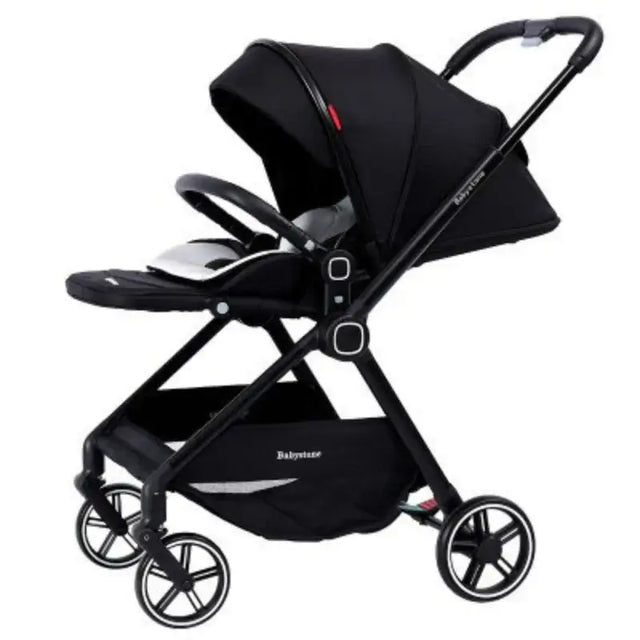 Highview baby stroller in black with adjustable canopy, suitable for infants and toddlers, lightweight and foldable.