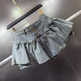 PuffyBelt™ – Puffy Layered Denim Skirt (Black A-line, High Waist)