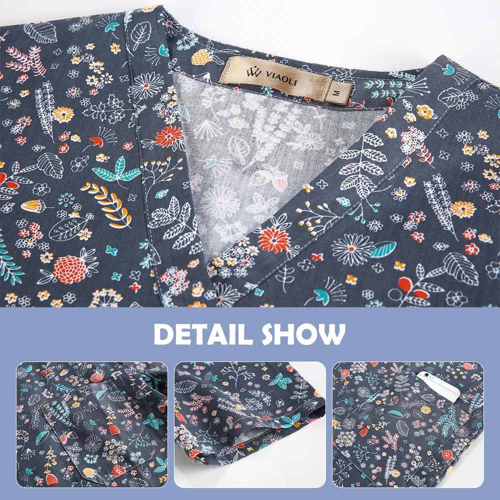 Close-up of pediatric nursing scrub top featuring floral design and V-neck, by VIAOLI, breathable cotton fabric.