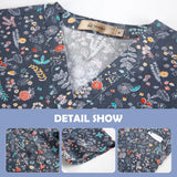 Close-up of pediatric nursing scrub top featuring floral design and V-neck, by VIAOLI, breathable cotton fabric.