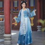 Women's Hanfu Cosplay in blue gradient dress with traditional floral design, perfect for costume events and gatherings.
