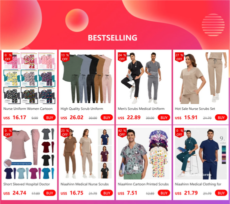 Collage of bestselling medical scrubs and nursing uniforms with prices and discounts displayed.