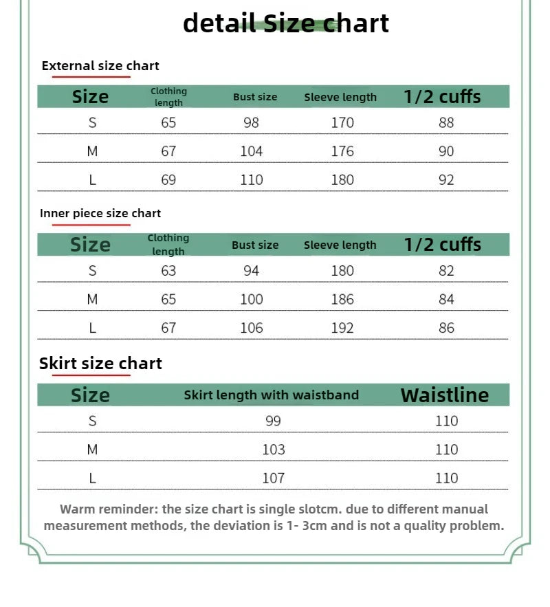 Detailed size chart for Bamboo Green Hanfu Dress, including measurements for external, inner piece, and skirt sizes.