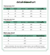 Detailed size chart for Bamboo Green Hanfu Dress, including measurements for external, inner piece, and skirt sizes.