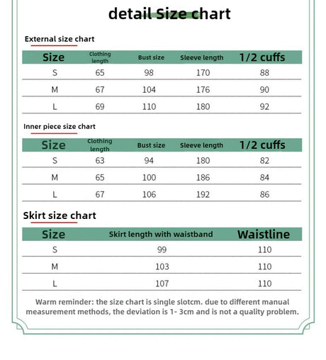 Detailed size chart for Bamboo Green Hanfu Dress, including measurements for external, inner piece, and skirt sizes.