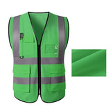 Unisex multi-pocket safety vest in bright green with reflective stripes and breathable polyester fabric.