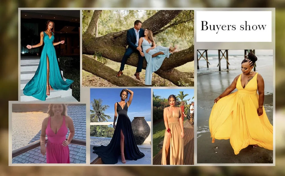 Collage of buyers showcasing V-neck bridesmaid evening dresses in various colors and styles.