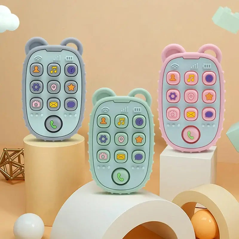 Colorful silicone toy phones for kids, featuring fun buttons and a bear design, ideal for imaginative play.