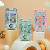 Colorful silicone toy phones for kids, featuring fun buttons and a bear design, ideal for imaginative play.
