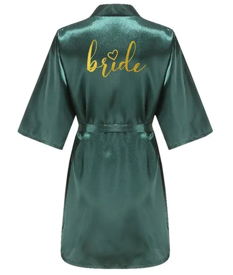 Gold letter embroidered bride satin robe back view in rich green color, perfect for wedding day celebrations.