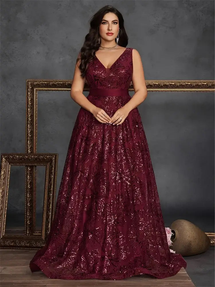 Women Plus Size V-Back Sequin Evening Cocktail Dress