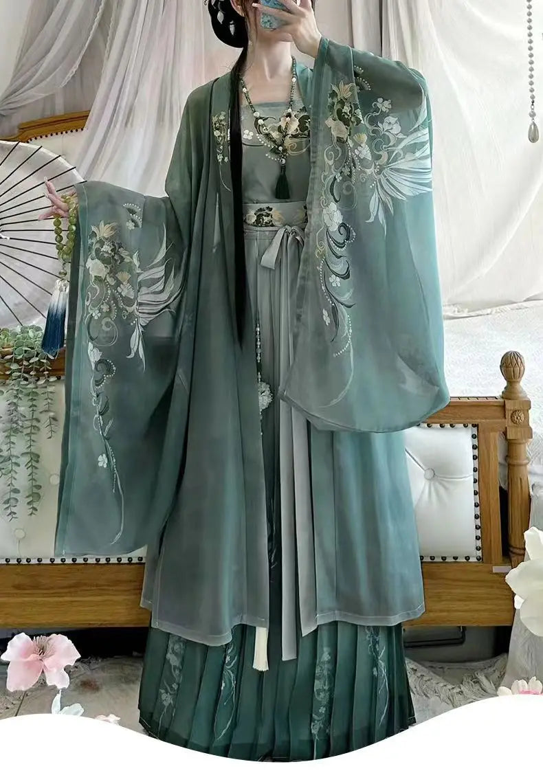 Song Dynasty Hanfu set in soft green chiffon featuring intricate floral printing and elegant layered silhouette.