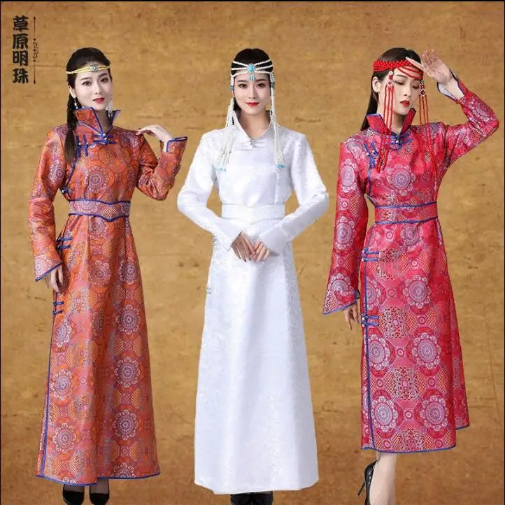Mongolian ethnic women's traditional dresses in vibrant colors, showcasing unique designs and cultural heritage.