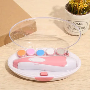 Baby electric nail trimmer in a transparent case with color attachments for safe nail care.