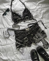 Women Cross Patch Denim Skirt Set