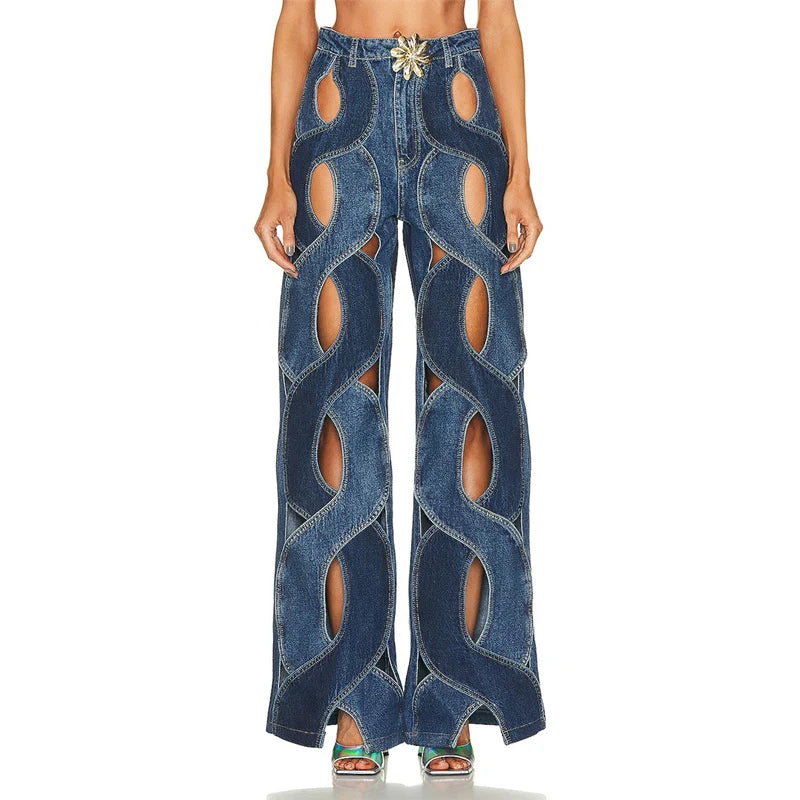 Women Hollow Out Stripe High Waist Jeans