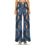 Women Hollow Out Stripe High Waist Jeans