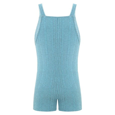 Back view of a sleeveless ribbed maternity jumpsuit in blue, made of cotton and spandex, ideal for summer wear.