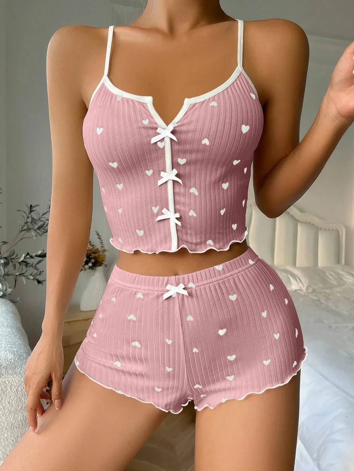 Women Heart Print Silk Pajamas