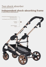 3 in 1 baby stroller with independent shock-absorbing frame, foldable design, suitable for ages 0 to 3 years.