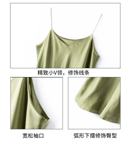 BandeauSilk™ olive green silk camisole featuring adjustable straps and a sexy v-neck design, perfect for summer wear.