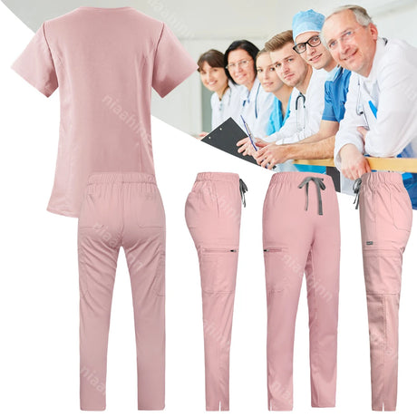 Solid color pink scrub set for women, featuring a V-neck top and elastic waist pants, perfect for veterinary and beauty work.