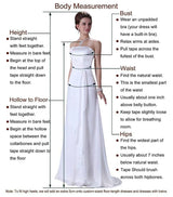 Body measurement guide for custom-fit wedding dresses, detailing height, waist, and hip measurements.