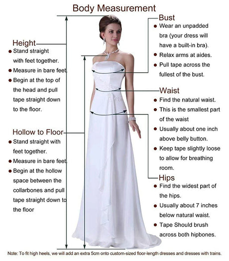 Body measurement guide for custom-fit wedding dresses, detailing height, waist, and hip measurements.