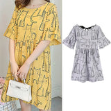 Loose Korean cartoon cat maternity dress in yellow and gray, knee-length, short sleeves, perfect for summer.